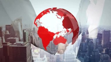Kafkas iş adamlarının el sıkışması ve şehir manzarası üzerine dünyanın animasyonu. Küresel iş ve dijital arayüz kavramı dijital olarak oluşturulmuş video.