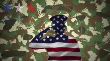 Animation of circle moving in loop over army soldier with flag of america and stars against map. Digitally generated, illustration, abstract, military, armed forces and patriotism concept.