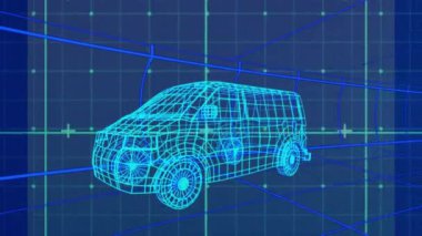 Animation of animation of data processing and shapes over digital car drawing grid on blue background. Global technology and digital interface concept digitally generated video.