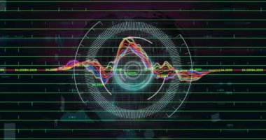 Animation of round scanner spinning over statistical data processing against green background. Computer interface and business technology concept