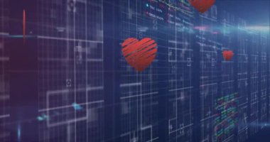 Animation of heart icons over graph with data processing. Global connections, computing and digital interface concept digitally generated video.