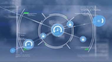 Animation of scope scanning over network of digital icons and data processing on blue background. Global networking and business technology concept
