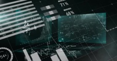 Animation of data processing with mathematical equations on black background. Global technology, computing and digital interface concept digitally generated video.