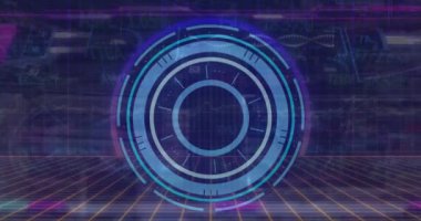 Animation of text blue circular scope over scope rotating and data processing. Global science research and digital interface concept digitally generated video.