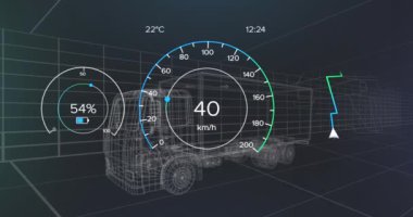 Animation of network of connections with icons over scope scanning. Global connections computing and data processing concept digitally generated video.