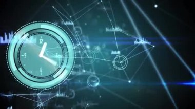 Animation of clock over network of connections and clock moving fast. Global connections digital interface data processing concept digitally generated video.
