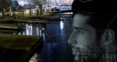 Açık havada egzersiz yapan kadın üzerindeki bağlantı ağının animasyonu. Küresel bağlantılar veri işleme ve teknoloji konsepti dijital olarak oluşturulmuş video.