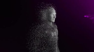 Composition of exploding human bust formed with particles over glowing blue mesh. Online networking internet and social media concept digitally generated video.