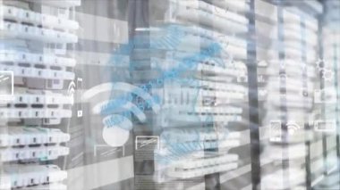 Digital animation of statistical data processing against empty server room. Global connections data processing and technology concept digitally generated video.