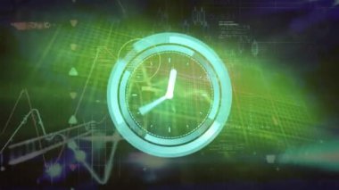 Animation of neon round scanner and data processing against green background. Computer interface and business technology concept