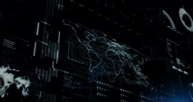 Animation of data processing with light spots on black background. Global technology, computing and digital interface concept digitally generated video.