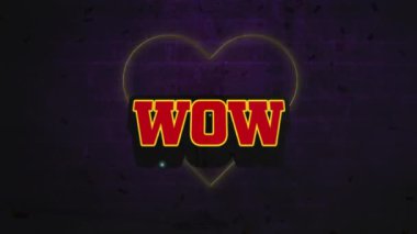 Animation of heart icon with wow text on purple background. Social media and digital interface concept digitally generated video.