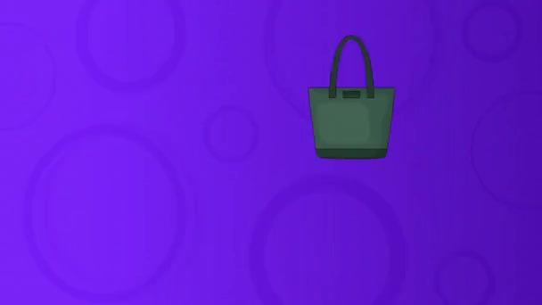 Animation Green Handbag Glowing Circles Purple Background Fashion Pattern Light — Video