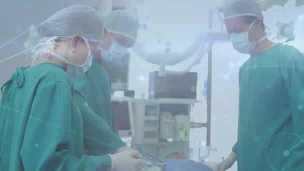 Animacja Sieci Połączeń Sieci Danych Połączeń Przez Chirurgów Sali Operacyjnej — Wideo stockowe