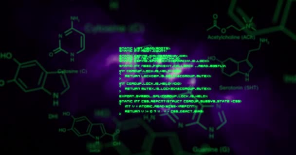 Анімація Хімічних Структур Обробка Даних Над Фіолетовими Цифровими Хвилями Чорному — стокове відео