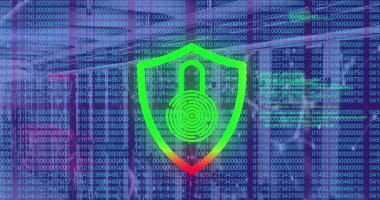 Image of data processing over padlock and server room. Global business and digital interface concept digitally generated image.