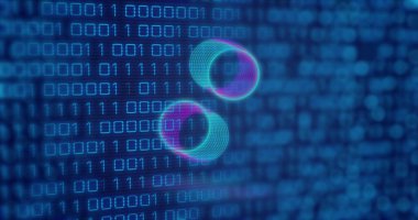 Image of neon circles over digital screen with binary code. Global computers, network, data and technology concept digitally generated image.