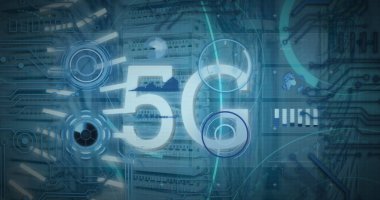 Image of 5g text banner, round scanners and data processing against computer server room. Global networking and business data storage technology concept