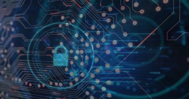 Image of computer circuit board over scope scanning and padlock icon on black background. Global technology, computing and digital interface concept digitally generated image.