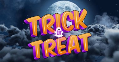 Image of trick or treat halloween text over night sky with moon. halloween tradition and celebration concept digitally generated image.