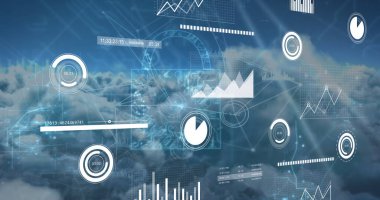 Image of network, padlock, charts and data processing over blue cloudy sky. Global communication, research, digital interface and data security concept digitally generated image.