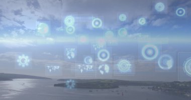 Image of network of connections with icons over cityscape. Global digital interface technology and networking concept digitally generated image.