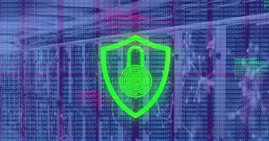 Image of data processing over padlock and server room. Global business and digital interface concept digitally generated image.