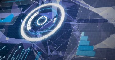 Illustration of digital circular patterns on blue checked background, copy space. Vector, futuristic, technology, modern, virtual, data, innovation, digital composite.