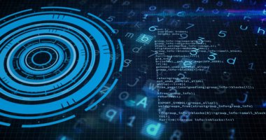 Multiple exposure of alphabets and numbers with glowing blue circular pattern. Illustration, vector, futuristic, technology, modern, virtual, pattern, data, innovation, digital composite.