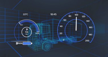 Image of scope scanning and data processing over stock market on black background. Global digital security and identity digital interface and data processing concept digitally generated image.