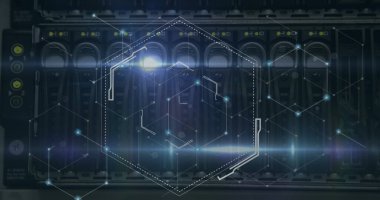Image of moving shapes over server room. Global business and digital interface concept digitally generated image.
