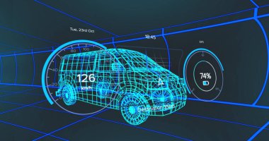 Image of van wearing over van wearing vr headset at van. Global car industry engineering connections and technology concept digitally generated image.