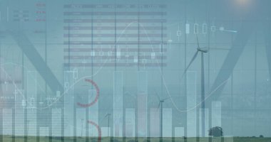 Image of statistics and financial data processing over agriculture field. Global finance business and digital interface concept digitally generated image.