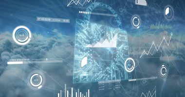 Image of network, padlock, charts and data processing over blue cloudy sky. Global communication, research, digital interface and data security concept digitally generated image.