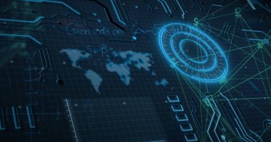 Multiple exposure of financial symbols with map and glowing circle, copy space. Vector, futuristic, technology, modern, virtual, pattern, innovation, digital composite, finance, global network.