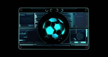 Image of digital football over data processing on black background. Global sport, technology and digital interface concept digitally generated image.