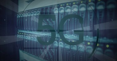 Image of 5g text banner and round scanners over close up of a computer server. Global networking and business data storage technology concept