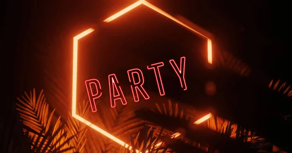 Image of party text over neon shape and leaves on black background. Social media and digital interface concept digitally generated image.