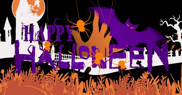 Image of happy halloween, spiders, cemetery and haunted house in black background. horror, fright, halloween tradition and celebration concept digitally generated image.