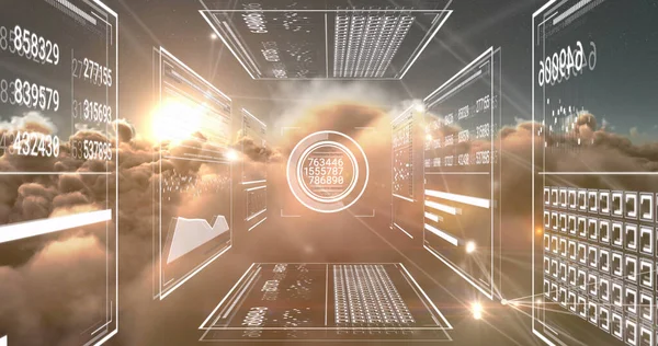 Image of digital data processing and networks over clouds. Global digital interface, networks and data processing concept digitally generated image.