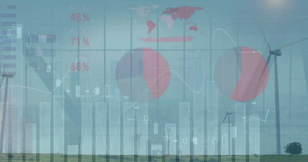 Image of statistics and financial data processing over agriculture field. Global finance business and digital interface concept digitally generated image.