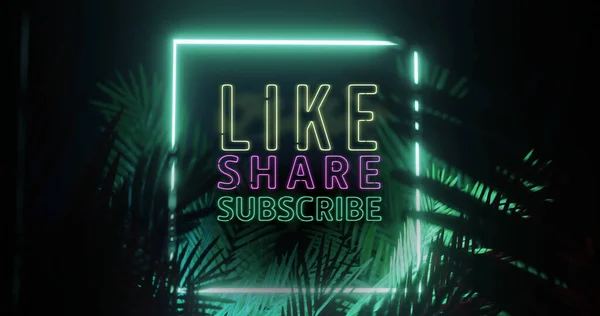 Image of like share subscribe text over neon shape and leaves on black background. Social media and digital interface concept digitally generated image.