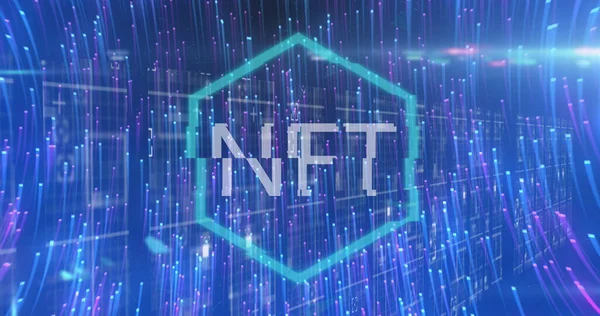 Image of light trails over nft text with data processing on black background. Global technology, computing and digital interface concept digitally generated image.