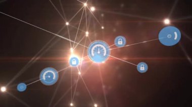 Animation of network of connections with icons over shapes on black background. Global communication network and information sharing concept digitally generated video.