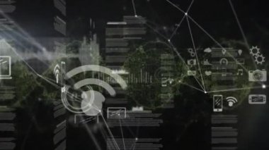 Animation of network of connections over cityscape. Global connections business digital interface technology and networking concept digitally generated video.