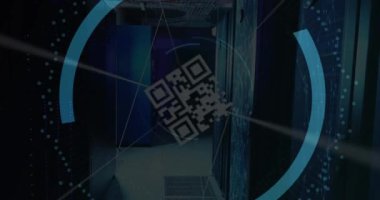 Animation of circular scanner with rotating over person icon on black background. Global technology and digital interface concept digitally generated video.