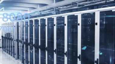Animation of multiple changing numbers and light spot against computer server room. Business data storage technology concept