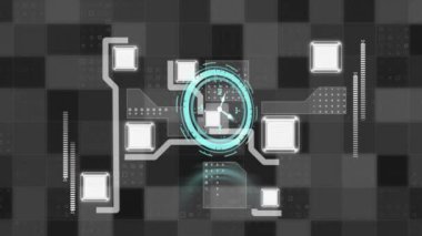 Animation of clock moving fast over computer servers. Global data processing connections technology and digital interface concept digitally generated video.
