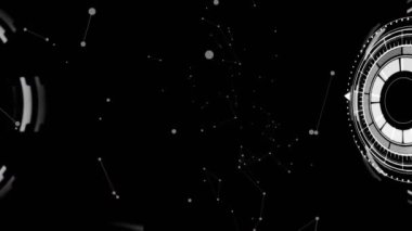 Digital animation of network of connections over scope spinning on black background. Global digital interface technology and networking concept digitally generated video.