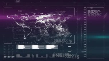 Animation of digital data processing over cityscape on blue background. Internet computers data processing connections and digital interface concept digitally generated video.